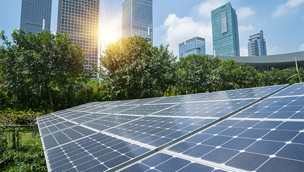 Solar panels in the foreground with trees and tall city buildings in the background under sunlight