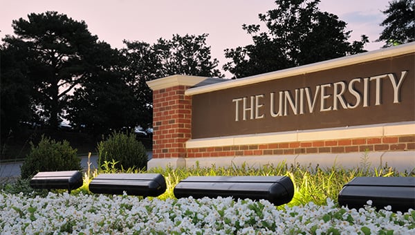 A brick campus entrance sign reading “The University” sits in front of landscaped flowers and trees, illuminated by ground lights at dusk.