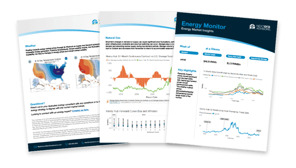 Three sample pages from an energy market report, including weather impact maps, natural gas pricing charts, and an Energy Monitor dashboard showing weekly insights, key highlights, and trend graphs under the NextEra Advisors brand.