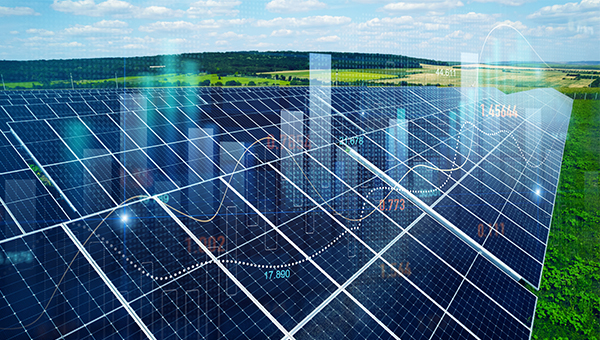 Large solar panel array in a rural landscape with overlaid data visualizations, including charts and graphs, representing energy production and analytics.