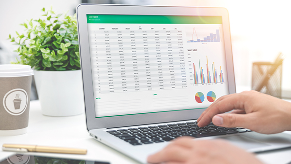 a laptop screen displaying tables, bar graphs and pie charts