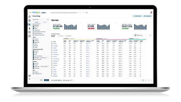 Laptop displaying an energy management dashboard with charts, usage data, and emissions metrics in a detailed table view. Laptop displaying an energy management dashboard with charts, usage data, and emissions metrics in a detailed table view.