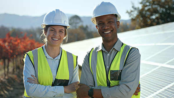 Two solar technicians wearing hard hats and high-visibility vests stand with arms crossed, smiling in front of a row of solar panels outdoors.
