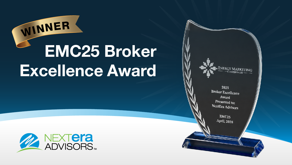 Winner graphic for EMC25 Broker Excellence Award with NextEra Advisors logo and glass award noting 2025 recognition.